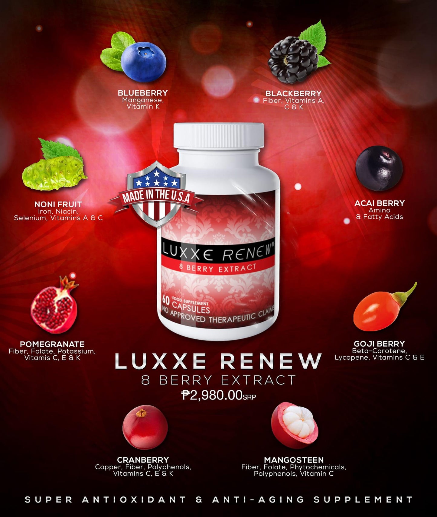 Luxxe Renew 8 Berry Extract Anti Aging Supplement 600mg 60 Capsules